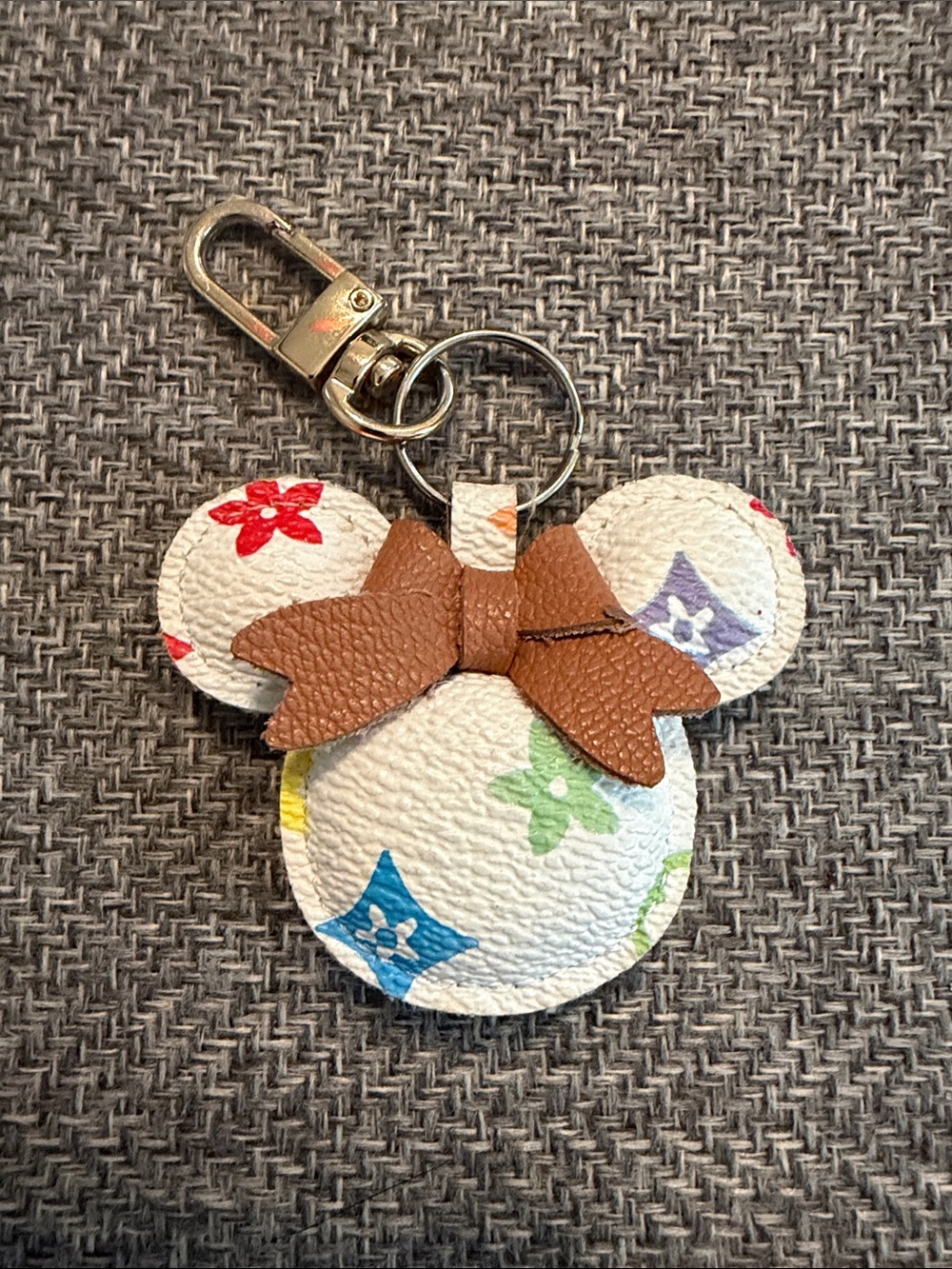White Mickey Mouse Ear Keychain with Multicolor Monogram and Brown Bow